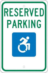 NMC - "Reserved Parking", "Handicap Symbol", 12" Wide x 18" High, Aluminum ADA Signs - 0.08" Thick, Green & Blue on White, Engineer Grade Reflectivity, Rectangle, Post Mount - USA Tool & Supply