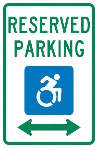 NMC - "Reserved Parking", "Handicap Symbol", 12" Wide x 18" High, Aluminum ADA Signs - 0.04" Thick, Green & Blue on White, Rectangle, Post Mount - USA Tool & Supply