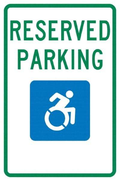 NMC - "Reserved Parking", "Handicap Symbol", 12" Wide x 18" High, Aluminum ADA Signs - 0.04" Thick, Green & Blue on White, Rectangle, Post Mount - USA Tool & Supply
