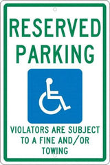 NMC - "Reserved Parking Violators Are Subject To A Fine And/Or Towing", "Handicap Symbol", 12" Wide x 18" High, Aluminum ADA Signs - 0.063" Thick, Green & Blue on White, Rectangle, Post Mount - USA Tool & Supply