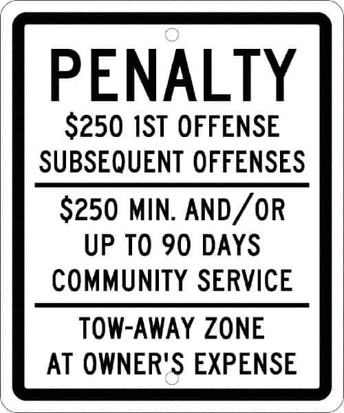 NMC - "Penalty $250 1St Offense Subsequent Offenses $250 Min. And/Or Up To 90 Days Community Service Tow-Away Zone At Owner's Expense", "Handicap Symbol", 10" Wide x 12" High, Aluminum ADA Signs - 0.063" Thick, Green & Blue on White, Rectangle, Post Mount - USA Tool & Supply