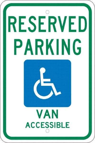 NMC - "Reserved Parking Van Accessible", "Handicap Symbol", 12" Wide x 18" High, Aluminum ADA Signs - 0.08" Thick, Green & Blue on White, Engineer Grade Reflectivity, Rectangle, Post Mount - USA Tool & Supply