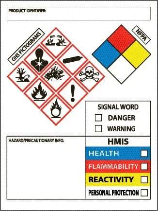 NMC - Hazardous Materials Label, Header: WARNING - Legend: GHS - Graphic, English, White, Red, Blue, Yellow & Black, 3" Long x 4" High, No Coating - USA Tool & Supply