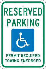 NMC - "Reserved Parking Permit Required Towing Enforced", "Handicap Symbol", 12" Wide x 18" High, Aluminum Reserved Parking Signs - 0.08" Thick, Green & Blue on White, Engineer Grade Reflectivity, Rectangle, Post Mount - USA Tool & Supply