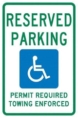 NMC - "Reserved Parking Permit Required Towing Enforced", "Handicap Symbol", 12" Wide x 18" High, Aluminum Reserved Parking Signs - 0.04" Thick, Green & Blue on White, Rectangle, Post Mount - USA Tool & Supply