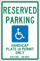 NMC - "Reserved Parking Handicap Plate Or Permit Only A.R.S SEC 28-884", "Handicap Symbol", 12" Wide x 18" High, Aluminum Reserved Parking Signs - 0.063" Thick, Green & Blue on White, Rectangle, Post Mount - USA Tool & Supply