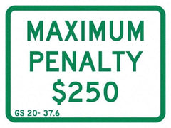 NMC - "Maximum Penalty $250", 12" Wide x 9" High, Aluminum No Parking & Tow Away Signs - 0.04" Thick, Green on White, Rectangle, Post Mount - USA Tool & Supply