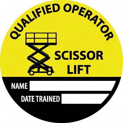 NMC - Safety Trained Scissor Lift - Name ____ Date Trained ____, Hard Hat Label - Round, Yellow, Black, White, 0.004" Thick, Indoor or Outdoor, Adhesive Backed, For Accident Prevention - USA Tool & Supply