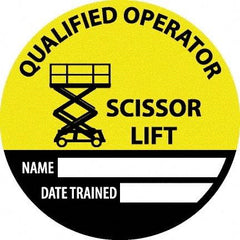 NMC - Safety Trained Scissor Lift - Name ____ Date Trained ____, Hard Hat Label - Round, Yellow, Black, White, 0.004" Thick, Indoor or Outdoor, Adhesive Backed, For Accident Prevention - USA Tool & Supply
