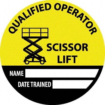 NMC - Safety Trained Scissor Lift - Name ____ Date Trained ____, Hard Hat Label - Round, Yellow, Black, White, 0.004" Thick, Indoor or Outdoor, Adhesive Backed, For Accident Prevention - USA Tool & Supply