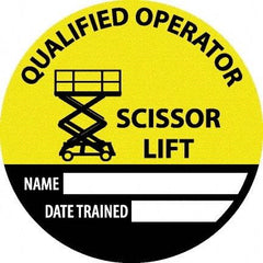 NMC - Safety Trained Scissor Lift - Name ____ Date Trained ____, Hard Hat Label - Round, Yellow, Black, White, 0.004" Thick, Indoor or Outdoor, Adhesive Backed, For Accident Prevention - USA Tool & Supply