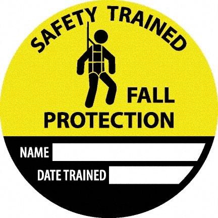NMC - Safety Trained Fall Protection - Name ____ Date Trained ____, Hard Hat Label - Round, Yellow, Black, White, 0.004" Thick, Indoor or Outdoor, Adhesive Backed, For Accident Prevention - USA Tool & Supply