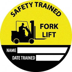NMC - Safety Trained Fork Lift - Name ____ Date Trained ____, Hard Hat Label - Round, Yellow, Black, White, 0.004" Thick, Indoor or Outdoor, Adhesive Backed, For Accident Prevention - USA Tool & Supply