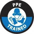 NMC - PPE Trained, Hard Hat Label - Round, Black & Blue on White, 0.004" Thick, Indoor or Outdoor, Adhesive Backed, For Accident Prevention - USA Tool & Supply