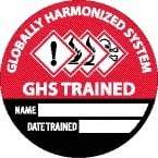NMC - Globally Harmonized System GHS Trained - Name ____ Date Trained ____, Hard Hat Label - Round, Black & White on Red, 0.004" Thick, Indoor or Outdoor, Adhesive Backed, For Accident Prevention - USA Tool & Supply