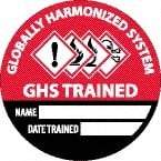 NMC - Globally Harmonized System GHS Trained - Name ____ Date Trained ____, Hard Hat Label - Diamond, Black & White on Red, 0.004" Thick, Indoor or Outdoor, Adhesive Backed, For Accident Prevention - USA Tool & Supply