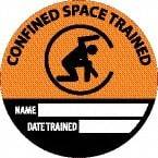 NMC - Confined Space Trained - Name ____ Date Trained ____, Hard Hat Label - Round, Black & Orange on White, 0.004" Thick, Indoor or Outdoor, Adhesive Backed, For Accident Prevention - USA Tool & Supply