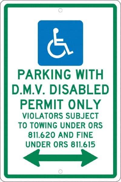 NMC - "Parking With D.M.V. Disabled Permit Only", "Double Arrow, Handicapped Symbol", 12" Wide x 18" High, Aluminum ADA Signs - 0.063" Thick, Green & Blue on White, Rectangle, Post Mount - USA Tool & Supply