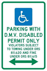 NMC - "Parking With D.M.V. Disabled Permit Only", "Double Arrow, Handicapped Symbol", 12" Wide x 18" High, Aluminum ADA Signs - 0.04" Thick, Green & Blue on White, Rectangle, Post Mount - USA Tool & Supply