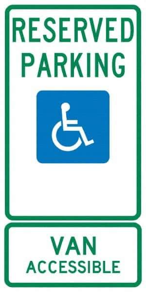 NMC - "Reserved Parking Van Accessible", "Handicap Symbol", 12" Wide x 24" High, Aluminum ADA Signs - 0.04" Thick, Green & Blue on White, Rectangle, Post Mount - USA Tool & Supply