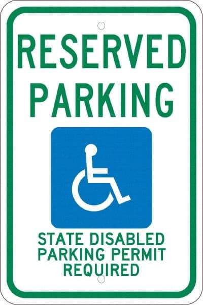 NMC - "Reserved Parking State Disabled Parking Permit Required", "Handicap Symbol", 12" Wide x 18" High, Aluminum ADA Signs - 0.08" Thick, Green & Blue on White, Engineer Grade Reflectivity, Rectangle, Post Mount - USA Tool & Supply