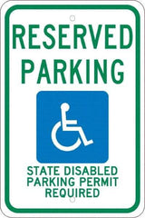 NMC - "Reserved Parking State Disabled Parking Permit Required", "Handicap Symbol", 12" Wide x 18" High, Aluminum ADA Signs - 0.08" Thick, Green & Blue on White, Engineer Grade Reflectivity, Rectangle, Post Mount - USA Tool & Supply