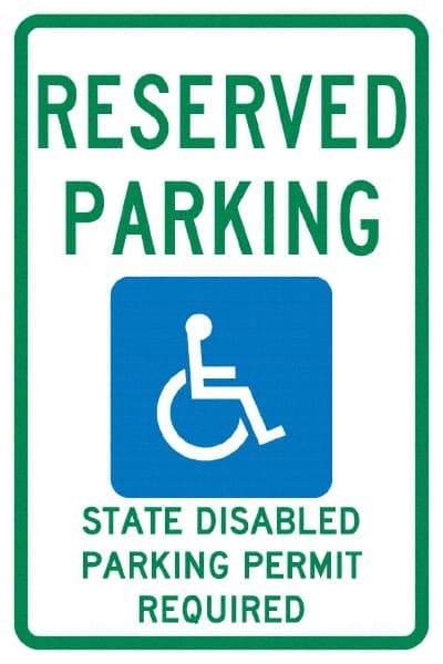 NMC - "Reserved Parking State Disabled Parking Permit Required", "Handicap Symbol", 12" Wide x 18" High, Aluminum ADA Signs - 0.04" Thick, Green & Blue on White, Rectangle, Post Mount - USA Tool & Supply