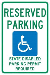 NMC - "Reserved Parking State Disabled Parking Permit Required", "Handicap Symbol", 12" Wide x 18" High, Aluminum ADA Signs - 0.04" Thick, Green & Blue on White, Rectangle, Post Mount - USA Tool & Supply