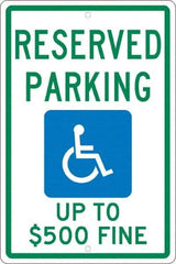 NMC - "Reserved Parking Up To $500 Fine", "Handicap Symbol", 12" Wide x 18" High, Aluminum ADA Signs - 0.063" Thick, Green & Blue on White, Rectangle, Post Mount - USA Tool & Supply