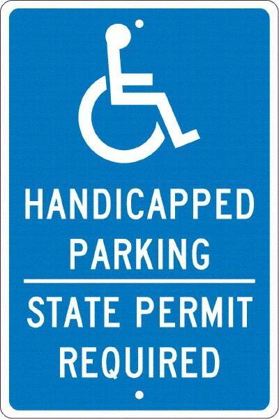 NMC - "Handicapped Parking State Permit Required", "Handicap Symbol", 12" Wide x 18" High, Aluminum ADA Signs - 0.063" Thick, White on Blue, Rectangle, Post Mount - USA Tool & Supply