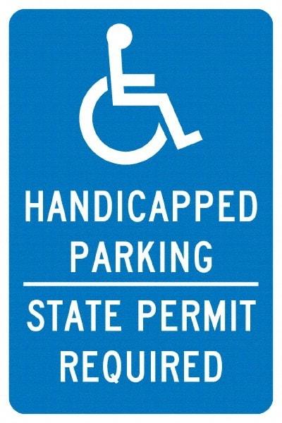 NMC - "Handicapped Parking State Permit Required", "Handicap Symbol", 12" Wide x 18" High, Aluminum ADA Signs - 0.04" Thick, White on Blue, Rectangle, Post Mount - USA Tool & Supply