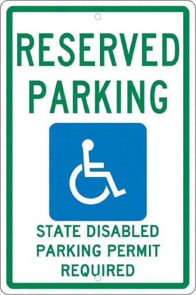 NMC - "Reserved Parking State Disabled Parking Permit Required", "Handicap Symbol", 12" Wide x 18" High, Aluminum ADA Signs - 0.063" Thick, Green & Blue on White, Rectangle, Post Mount - USA Tool & Supply