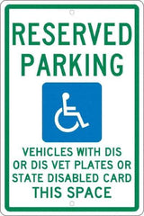 NMC - "Reserved Parking Vehicles With Dis Or Dis Vet Plates Or State Disabled Card This Space", "Handicap Symbol", 12" Wide x 18" High, Aluminum ADA Signs - 0.063" Thick, Green & Blue on White, Rectangle, Post Mount - USA Tool & Supply