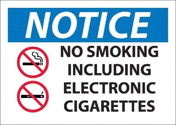 NMC - "No Smoking Including Electronic Cigarettes", 10" Long x 14" Wide, Pressure-Sensitive Vinyl Safety Sign - Rectangle, 0.045" Thick, Use for Smoking Regulations - USA Tool & Supply