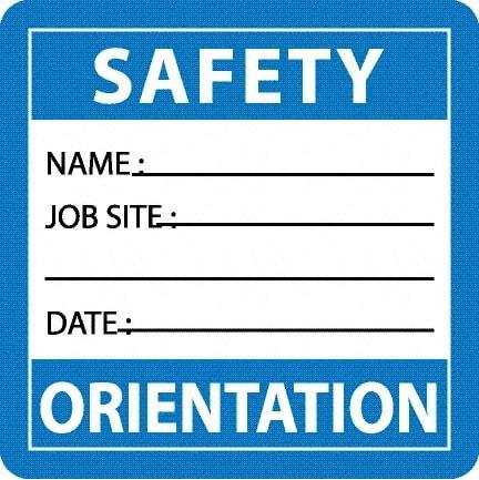 NMC - Safety Orientation - Name ____ Job Site ____ Date ____, Hard Hat Label - Blue/White/Black, 0.045" Thick, For Accident Prevention - USA Tool & Supply