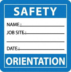NMC - Safety Orientation - Name ____ Job Site ____ Date ____, Hard Hat Label - Blue/White/Black, 0.045" Thick, For Accident Prevention - USA Tool & Supply
