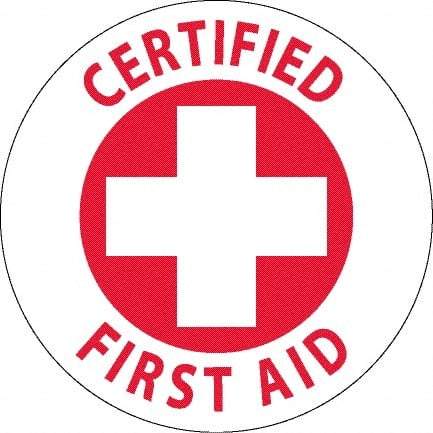 NMC - Certified First Aid, Hard Hat Label - Red on White, 0.045" Thick, For Accident Prevention - USA Tool & Supply