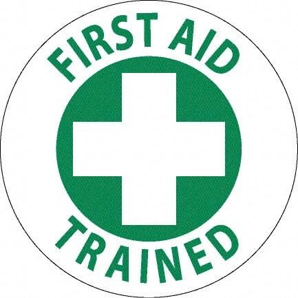 NMC - First Aid Trained, Hard Hat Label - Green on White, 0.045" Thick, For Accident Prevention - USA Tool & Supply