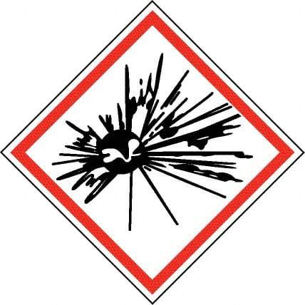 NMC - Hazardous Materials Label, Header: Explosive Warning - Legend: GHS - Graphic, English, Black & Red, 4" Long x 4" High, No Coating - USA Tool & Supply
