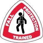 NMC - Fall Protection Trained, Hard Hat Label - Round, Black & Red on White, 0.004" Thick, Indoor or Outdoor, Adhesive Backed, For Accident Prevention - USA Tool & Supply