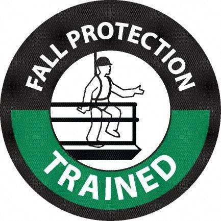NMC - Fall Protection Trained, Hard Hat Label - Diamond, White & Green on Black, 0.004" Thick, Indoor or Outdoor, Adhesive Backed, For Accident Prevention - USA Tool & Supply