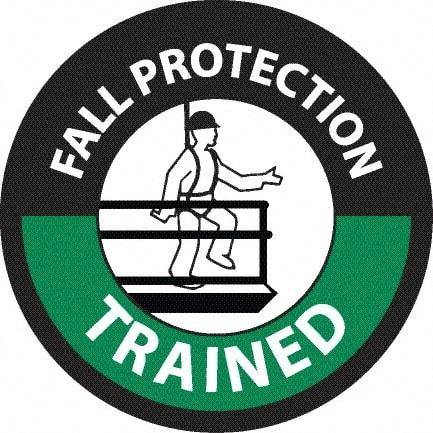 NMC - Fall Protection Trained, Hard Hat Label - Round, White & Green on Black, 0.004" Thick, Indoor or Outdoor, Adhesive Backed, For Accident Prevention - USA Tool & Supply