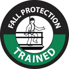 NMC - Fall Protection Trained, Hard Hat Label - Round, White & Green on Black, 0.004" Thick, Indoor or Outdoor, Adhesive Backed, For Accident Prevention - USA Tool & Supply