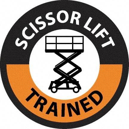 NMC - Scissor Lift Trained, Hard Hat Label - Round, Black & Orange on White, 0.004" Thick, Indoor or Outdoor, Adhesive Backed, For Accident Prevention - USA Tool & Supply