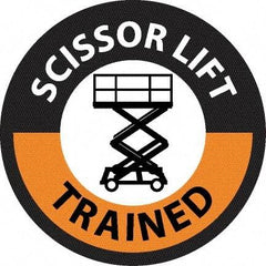 NMC - Scissor Lift Trained, Hard Hat Label - Round, Black & Orange on White, 0.004" Thick, Indoor or Outdoor, Adhesive Backed, For Accident Prevention - USA Tool & Supply