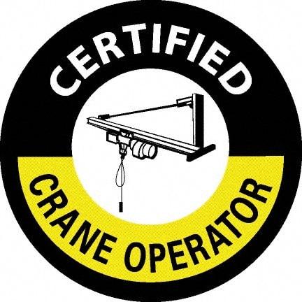 NMC - Certified Crane Operator, Hard Hat Label - Round, White & Yellow on Black, 0.004" Thick, Indoor or Outdoor, Adhesive Backed, For Certified Operator - USA Tool & Supply