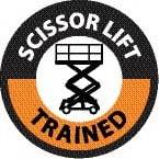 NMC - Scissor Lift Trained, Hard Hat Label - Round, Black & Orange on White, 0.004" Thick, Indoor or Outdoor, Adhesive Backed, For Accident Prevention - USA Tool & Supply