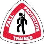 NMC - Fall Protection Trained, Hard Hat Label - Diamond, Black & Red on White, 0.004" Thick, Indoor or Outdoor, Adhesive Backed, For Accident Prevention - USA Tool & Supply