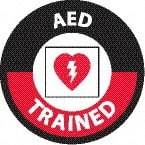 NMC - AED Trained, Hard Hat Label - Round, White & Red on Black, 0.004" Thick, Indoor or Outdoor, Adhesive Backed, For Accident Prevention - USA Tool & Supply