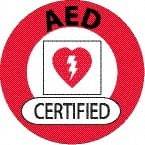 NMC - AED Certified, Hard Hat Label - Round, Black & Red on White, 0.004" Thick, Indoor or Outdoor, Adhesive Backed, For Certified Operator - USA Tool & Supply